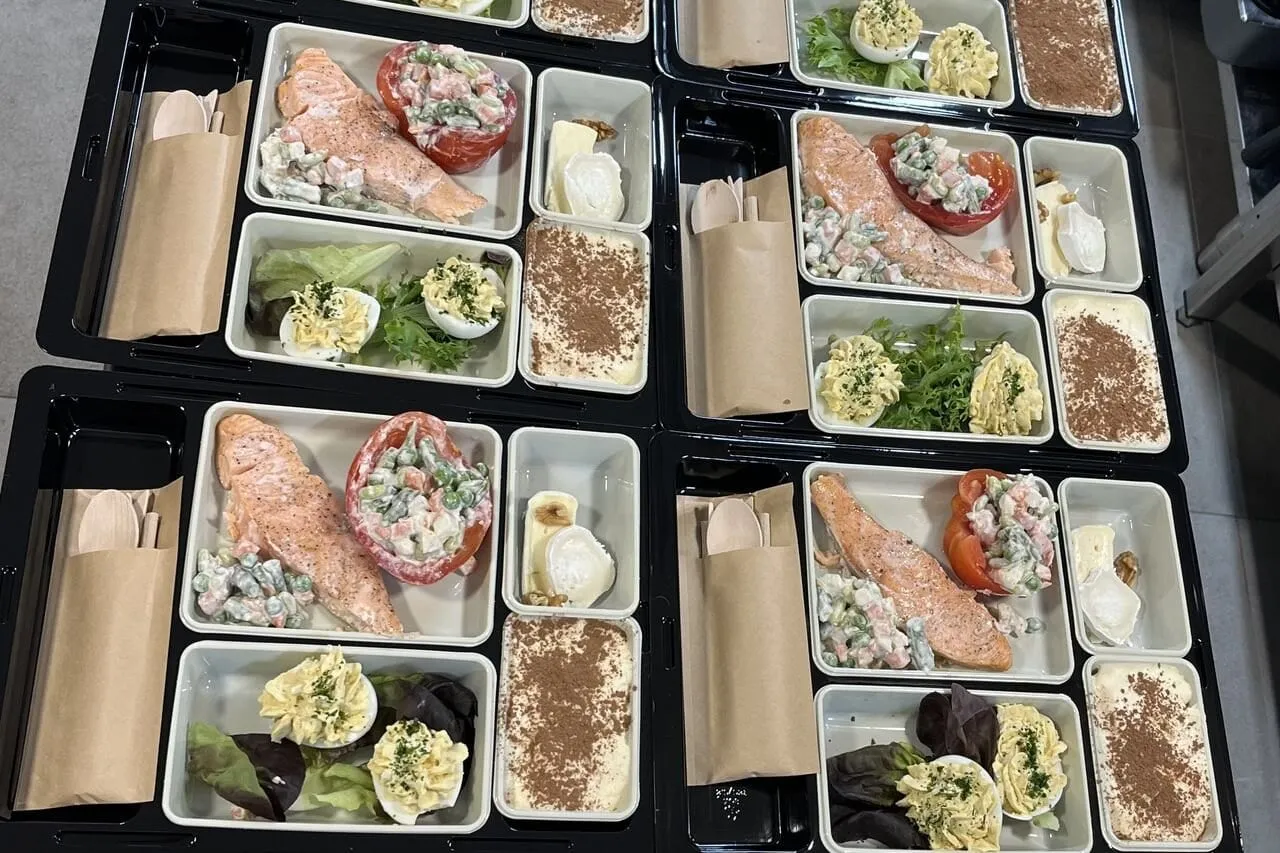 Plateaux repas individuels : saumon, salades et dessert