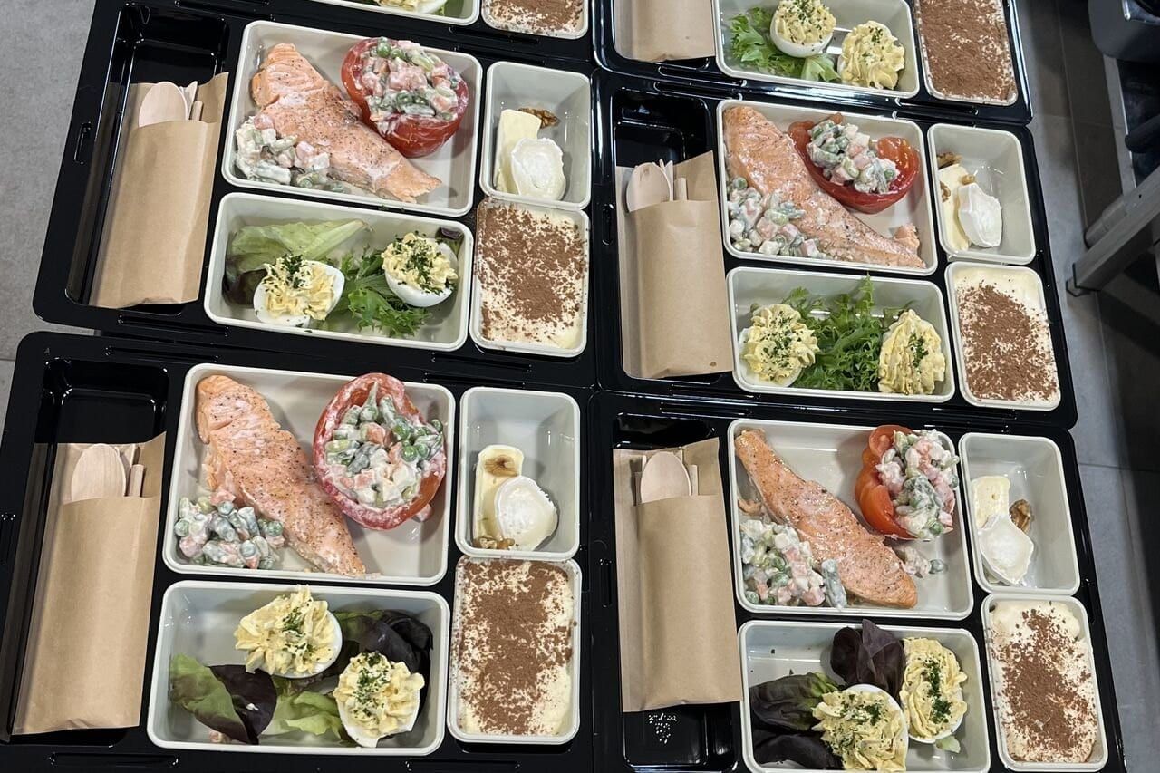 Plateaux repas individuels : saumon, salades et dessert